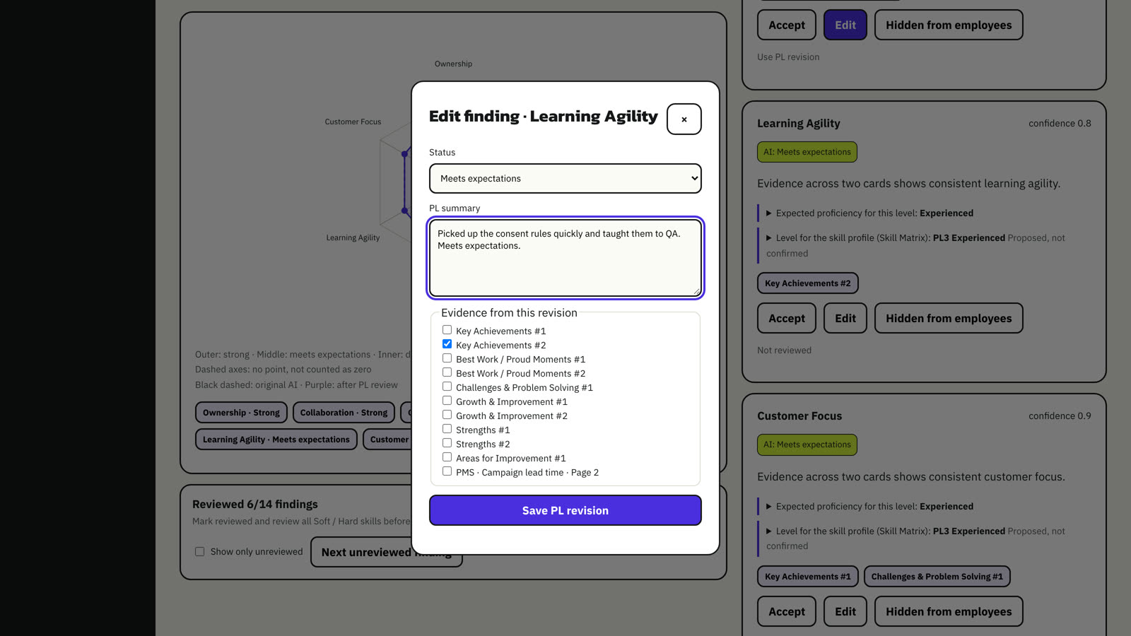 Editing a finding: level, summary and evidence.